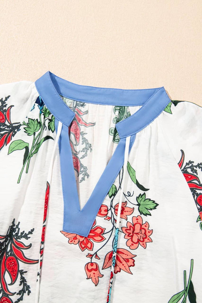 White Floral Print Contrast V Neck Tassel Tie Lace Detail Short Sleeve Blouse White Floral Print Contrast V Neck Tassel Tie Lace Detail Short Sleeve Blouse