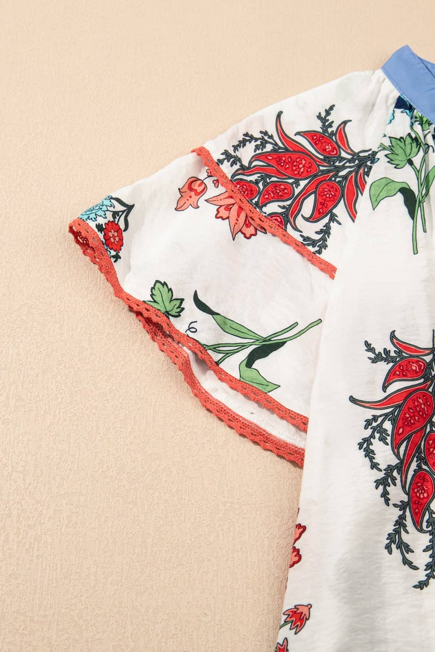White Floral Print Contrast V Neck Tassel Tie Lace Detail Short Sleeve Blouse White Floral Print Contrast V Neck Tassel Tie Lace Detail Short Sleeve Blouse