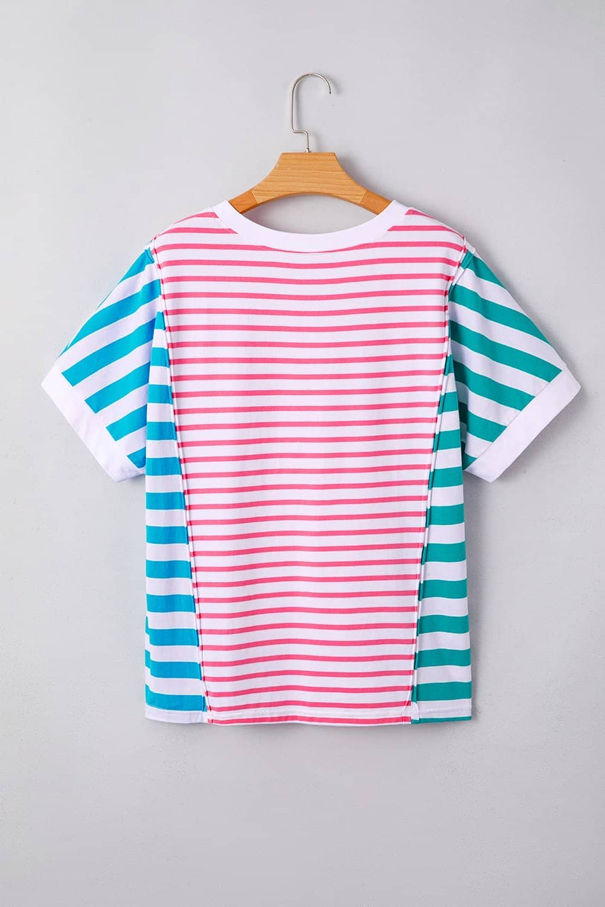Pink Stripe Mixed Pattern Patchwork Uneven Hem Loose Tee