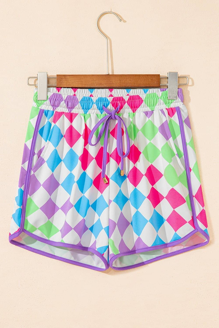 Multicolour Checkered Drawstring Elastic Waist Casual Shorts