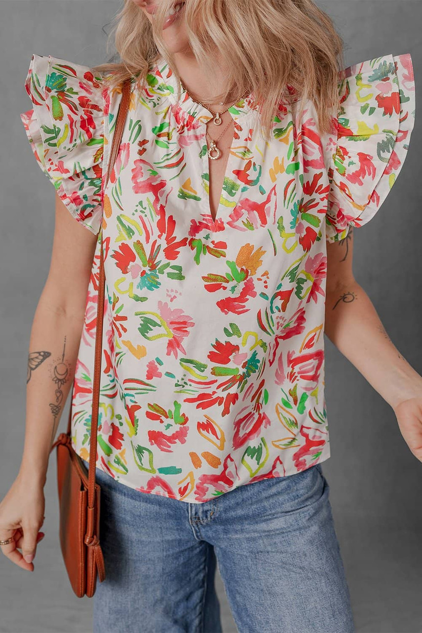 Multicolour Allover Floral Printed Flutter Sleeve Split Neck Blouse Multicolour Allover Floral Printed Flutter Sleeve Split Neck Blouse