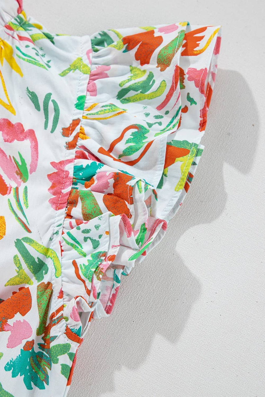 Multicolour Allover Floral Printed Flutter Sleeve Split Neck Blouse Multicolour Allover Floral Printed Flutter Sleeve Split Neck Blouse