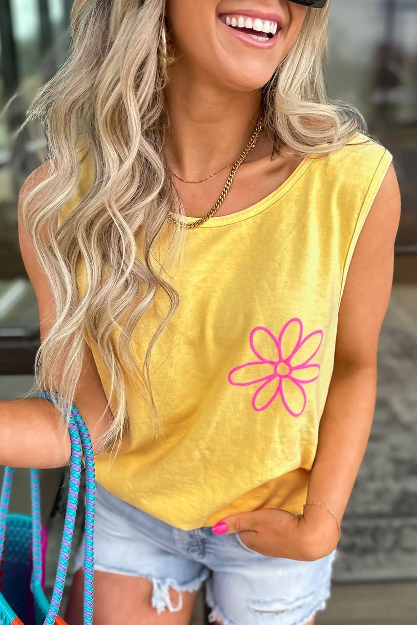 Yellow Cream Flower Graphic Casual Tank Top Yellow Cream Flower Graphic Casual Tank Top