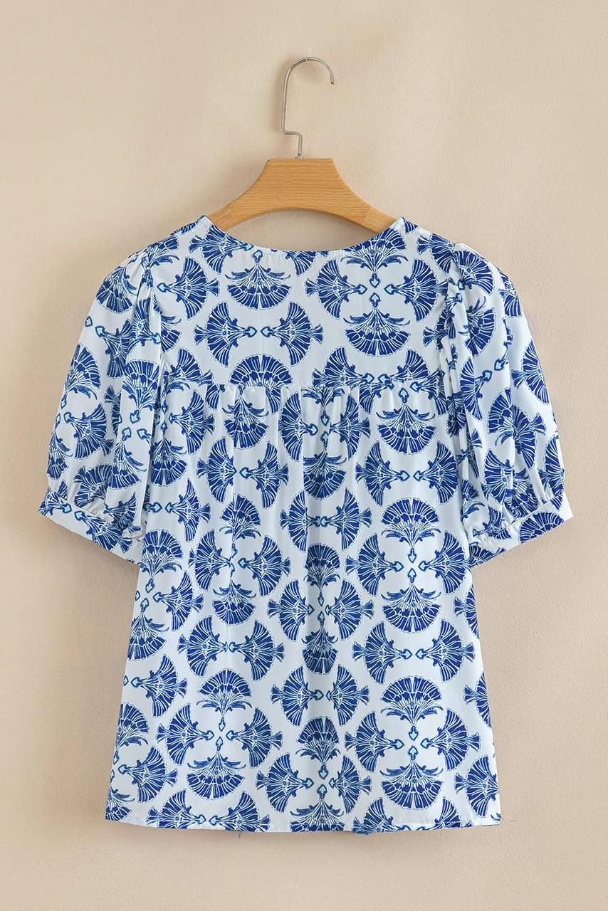 Sky Blue Geometric Print Tassel Drawstring V Neck Blouse