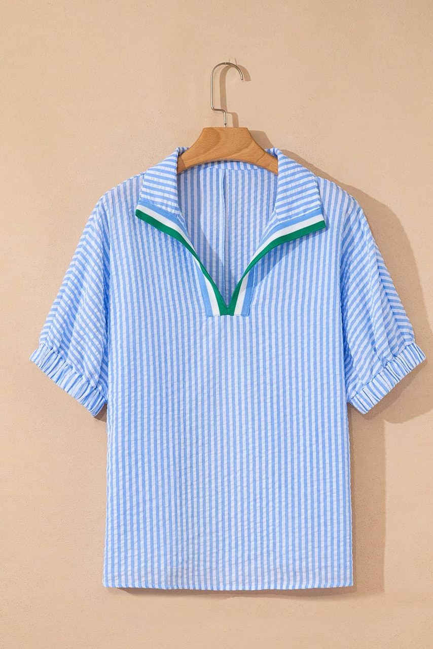 Sky Blue Striped Print Contrast Split Neck Dolman Sleeve Blouse Sky Blue Striped Print Contrast Split Neck Dolman Sleeve Blouse