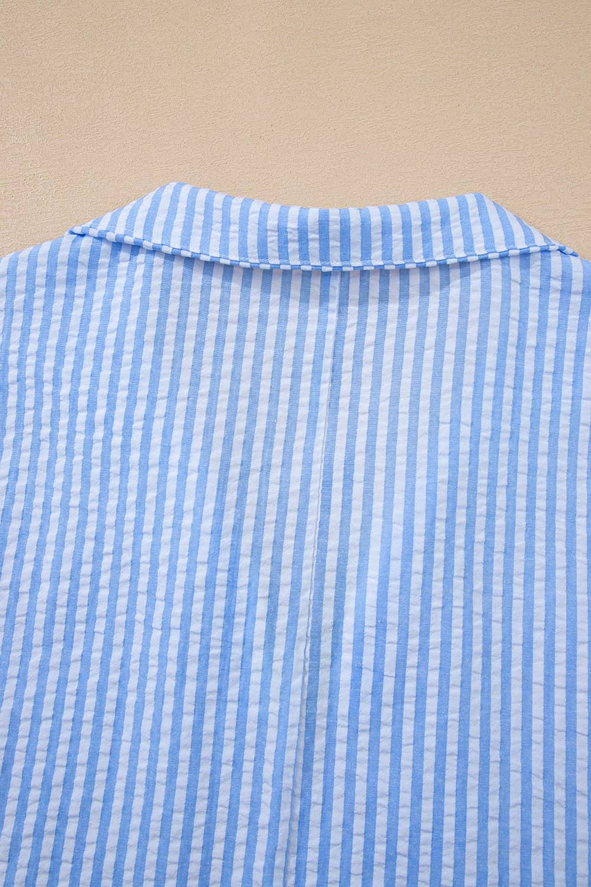 Sky Blue Striped Print Contrast Split Neck Dolman Sleeve Blouse Sky Blue Striped Print Contrast Split Neck Dolman Sleeve Blouse