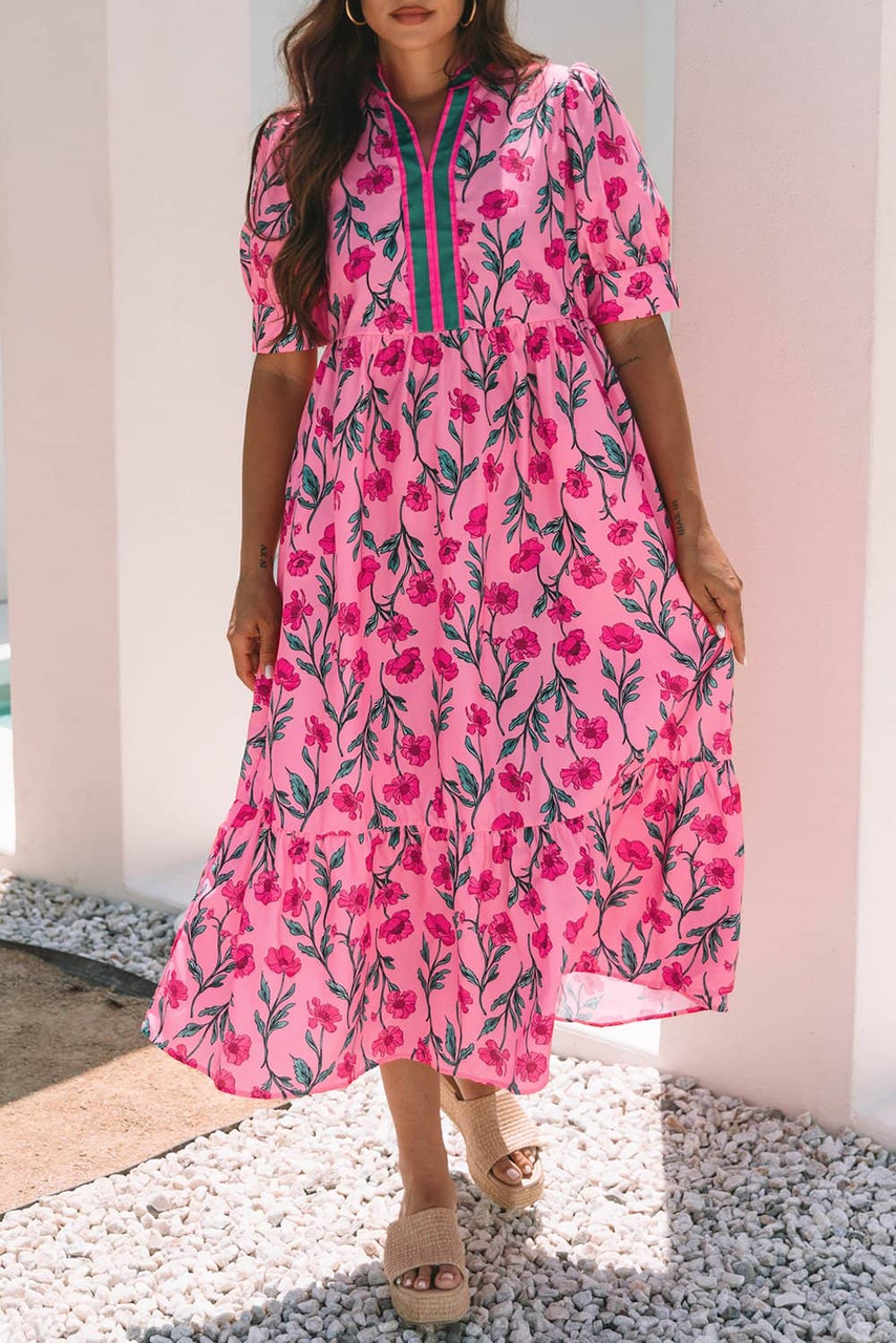 Pink Floral Contrast Neckline A-line Puff Sleeve Long Dress