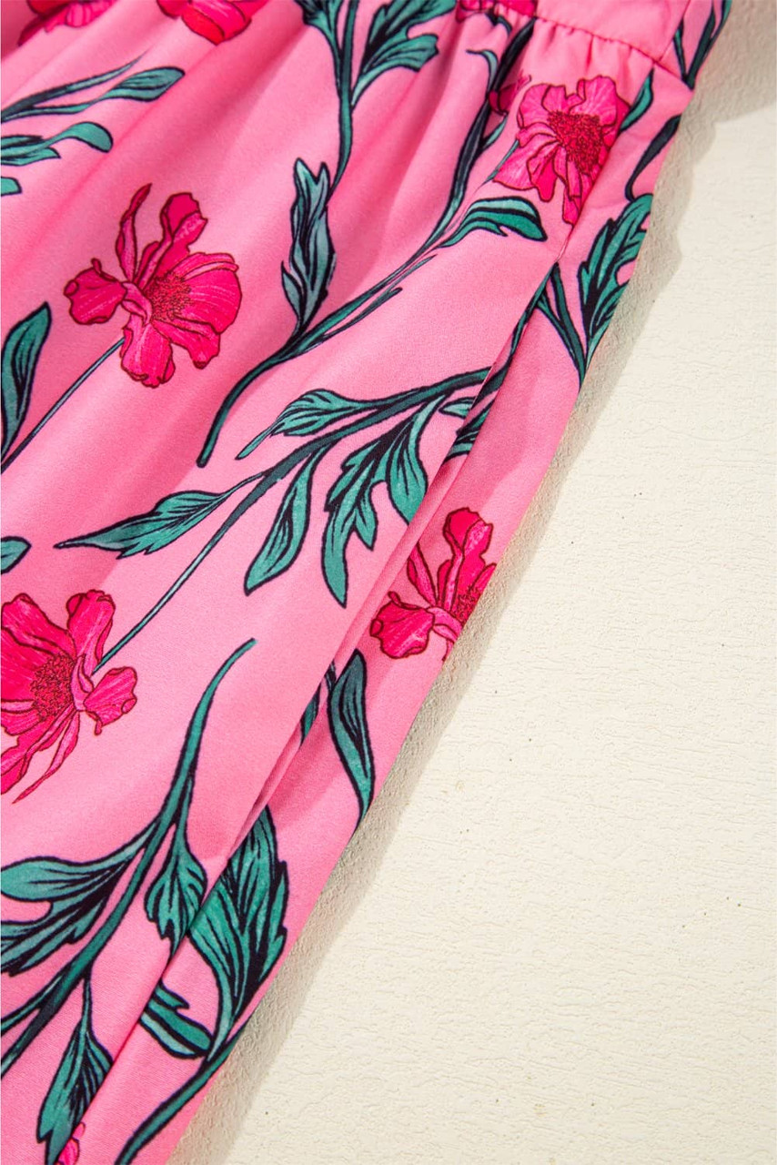 Pink Floral Contrast Neckline A-line Puff Sleeve Long Dress