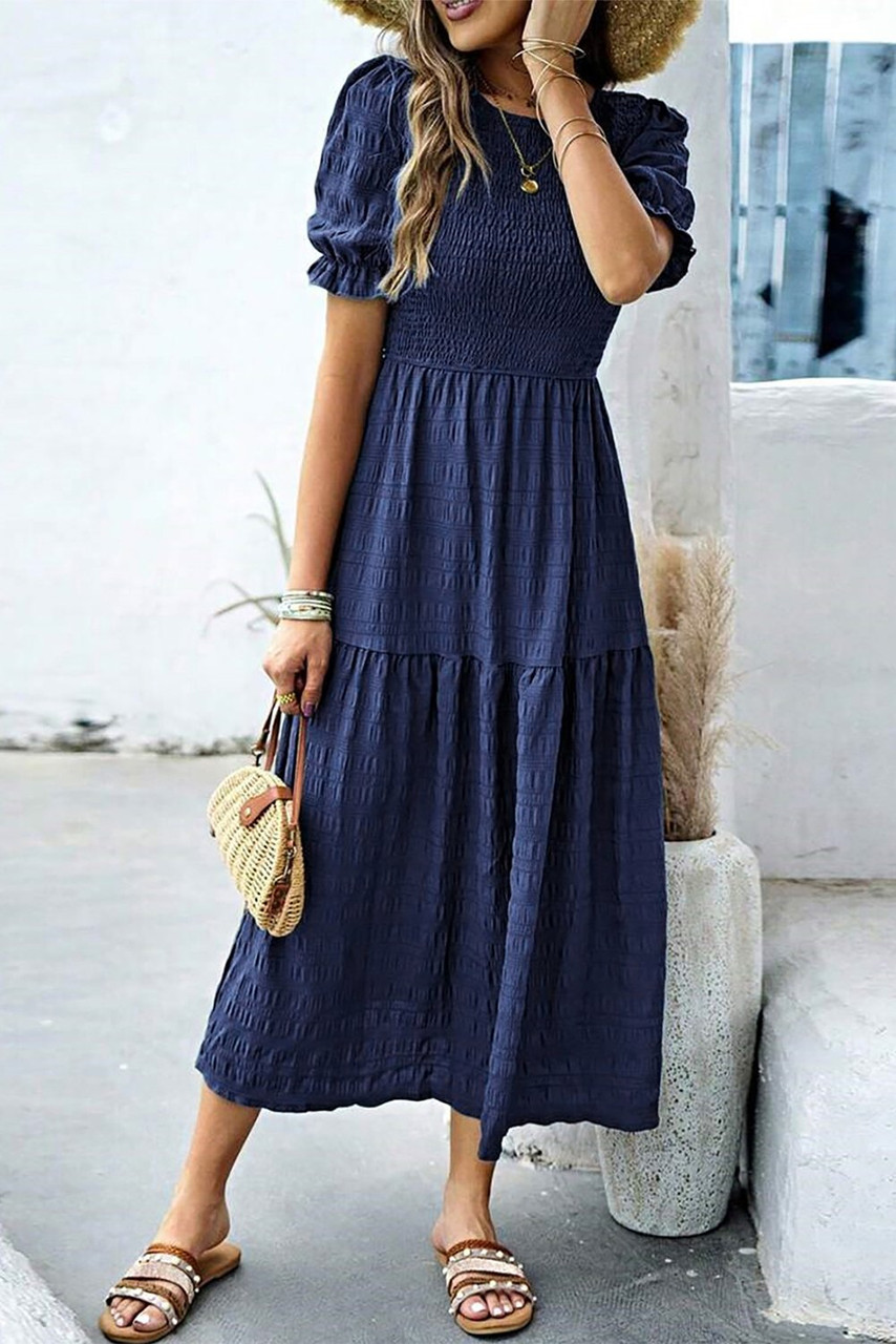 Sail Blue Solid Textured Smocked Puff Short Sleeve High Waist Long Dress