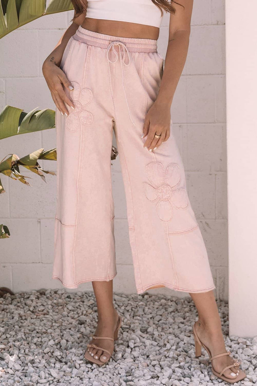 Pink Flower Patch Mineral Washed Terry Knit Cropped Wide Leg Pants Pink Flower Patch Mineral Washed Terry Knit Cropped Wide Leg Pants
