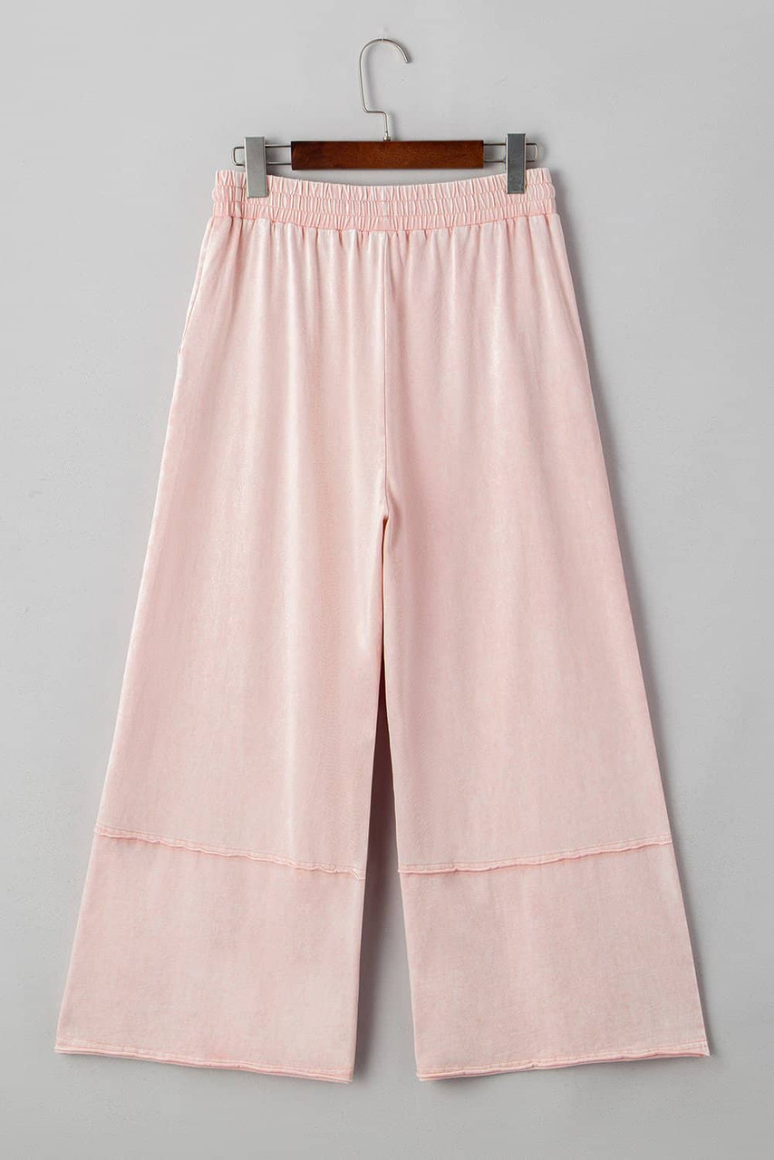Pink Flower Patch Mineral Washed Terry Knit Cropped Wide Leg Pants Pink Flower Patch Mineral Washed Terry Knit Cropped Wide Leg Pants