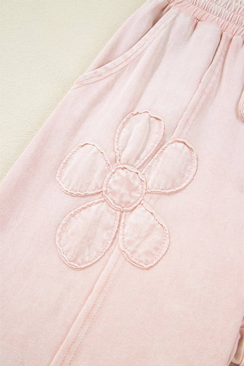 Pink Flower Patch Mineral Washed Terry Knit Cropped Wide Leg Pants Pink Flower Patch Mineral Washed Terry Knit Cropped Wide Leg Pants