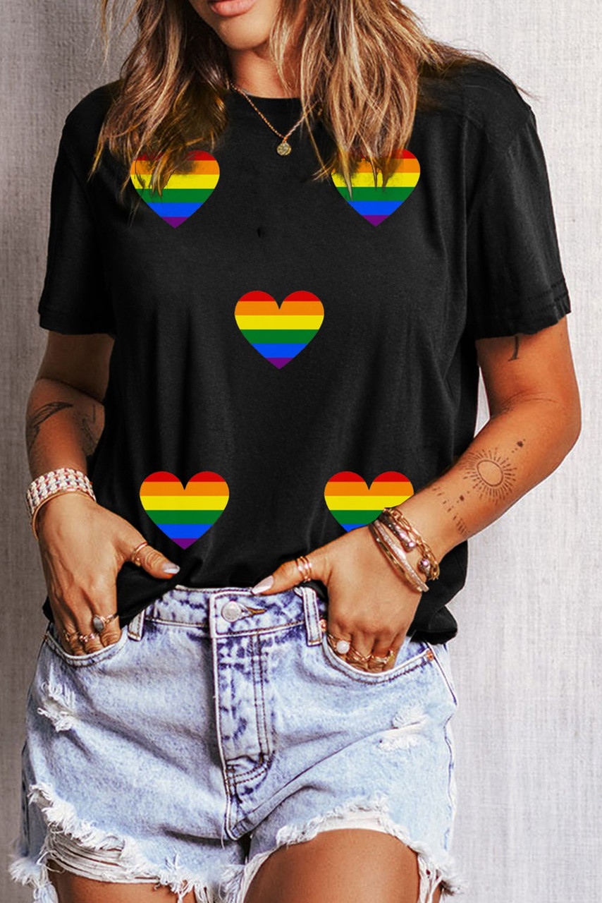 Black Heart Print Crew Neck Chic T Shirt