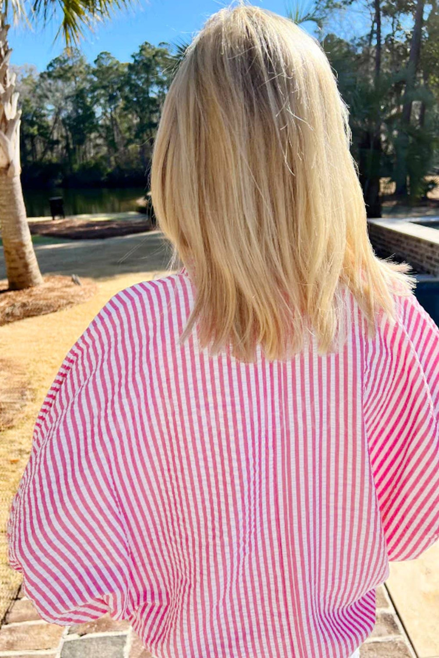 Sachet Pink Striped Print Contrast Split Neck Dolman Sleeve Blouse