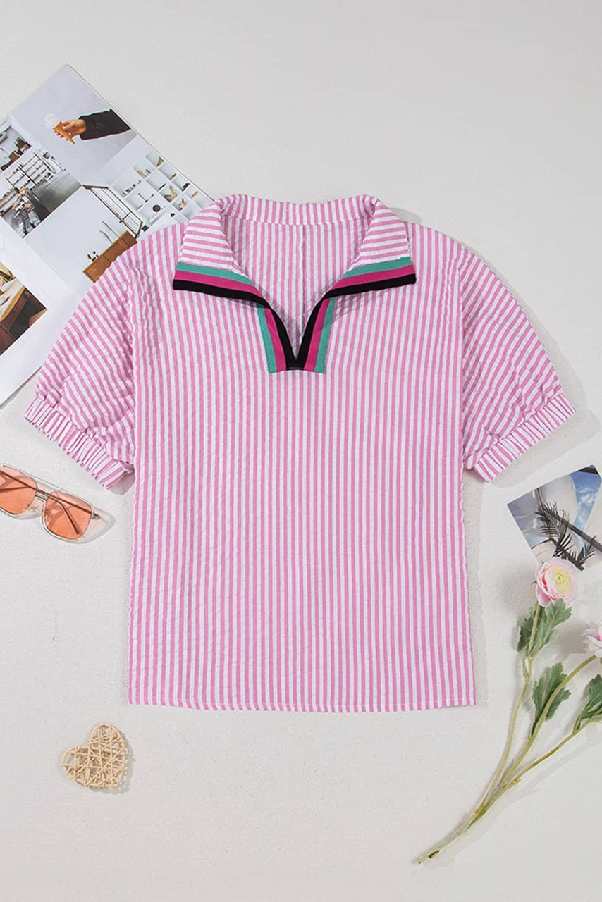 Sachet Pink Striped Print Contrast Split Neck Dolman Sleeve Blouse