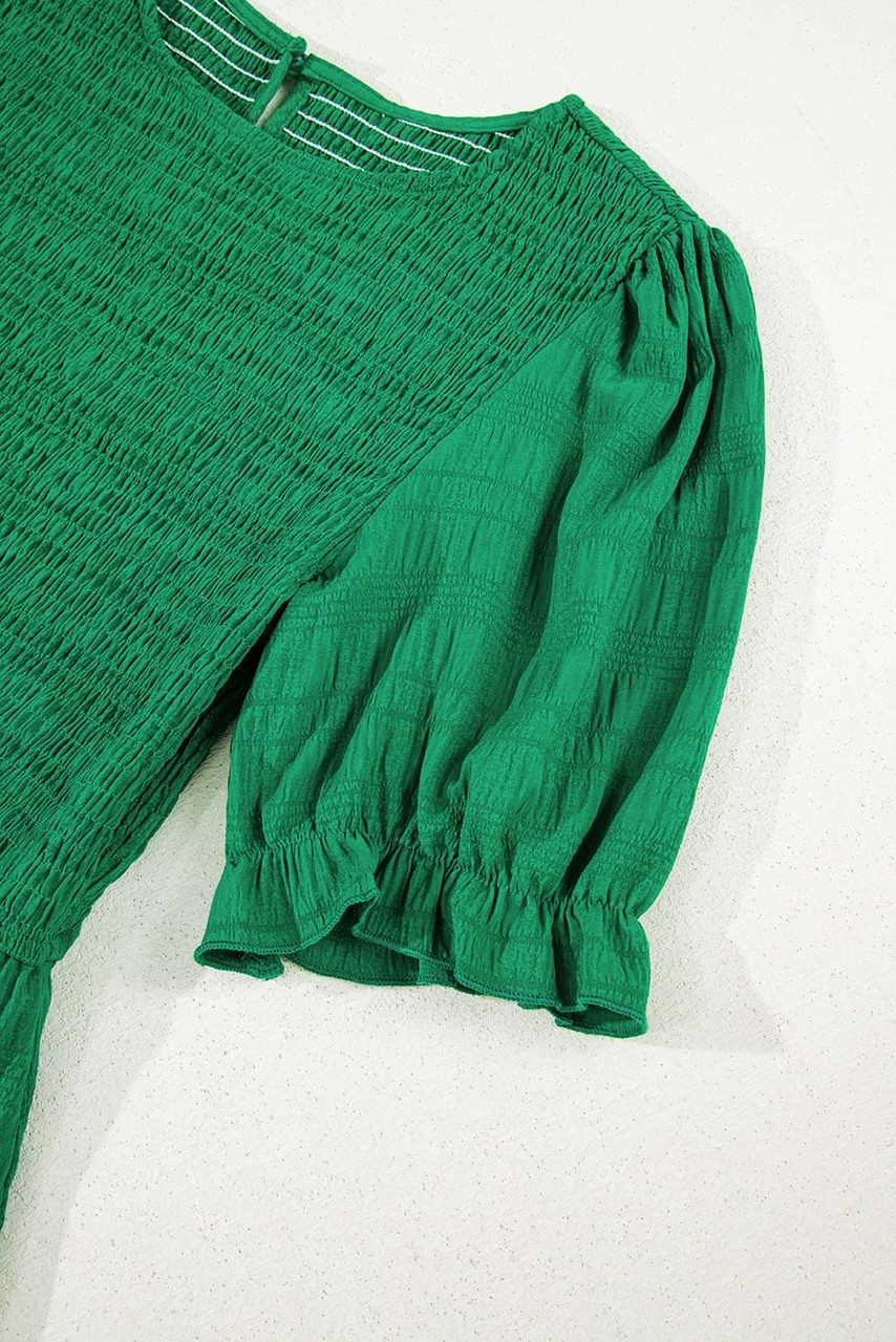 Dark Green Solid Textured Smocked Puff Short Sleeve High Waist Long Dress