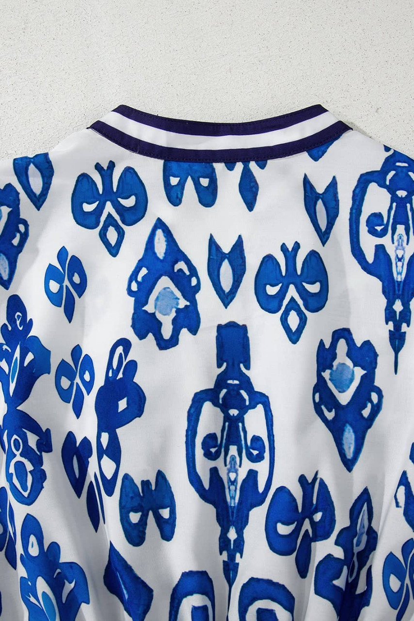 Blue Floral Puff Short Sleeve V Neck High Waist Maxi Dress