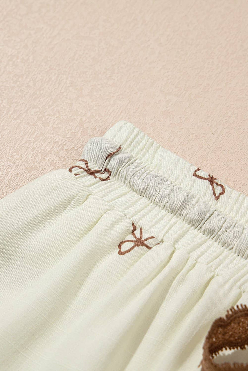 White Bow Print Lace Drawstring Casual Shorts