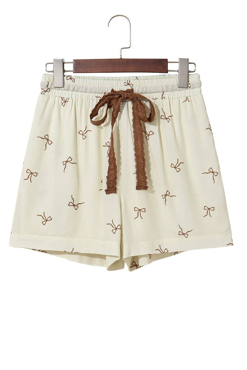 White Bow Print Lace Drawstring Casual Shorts