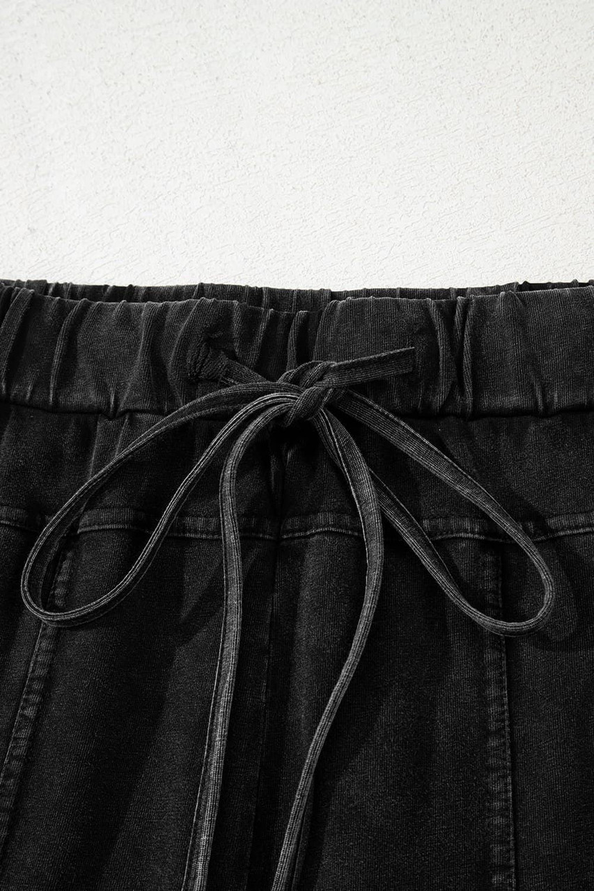 Black Mineral Wash Exposed Seam Drawstring High Waist Wide Leg Cargo Pants Black Mineral Wash Exposed Seam Drawstring High Waist Wide Leg Cargo Pants