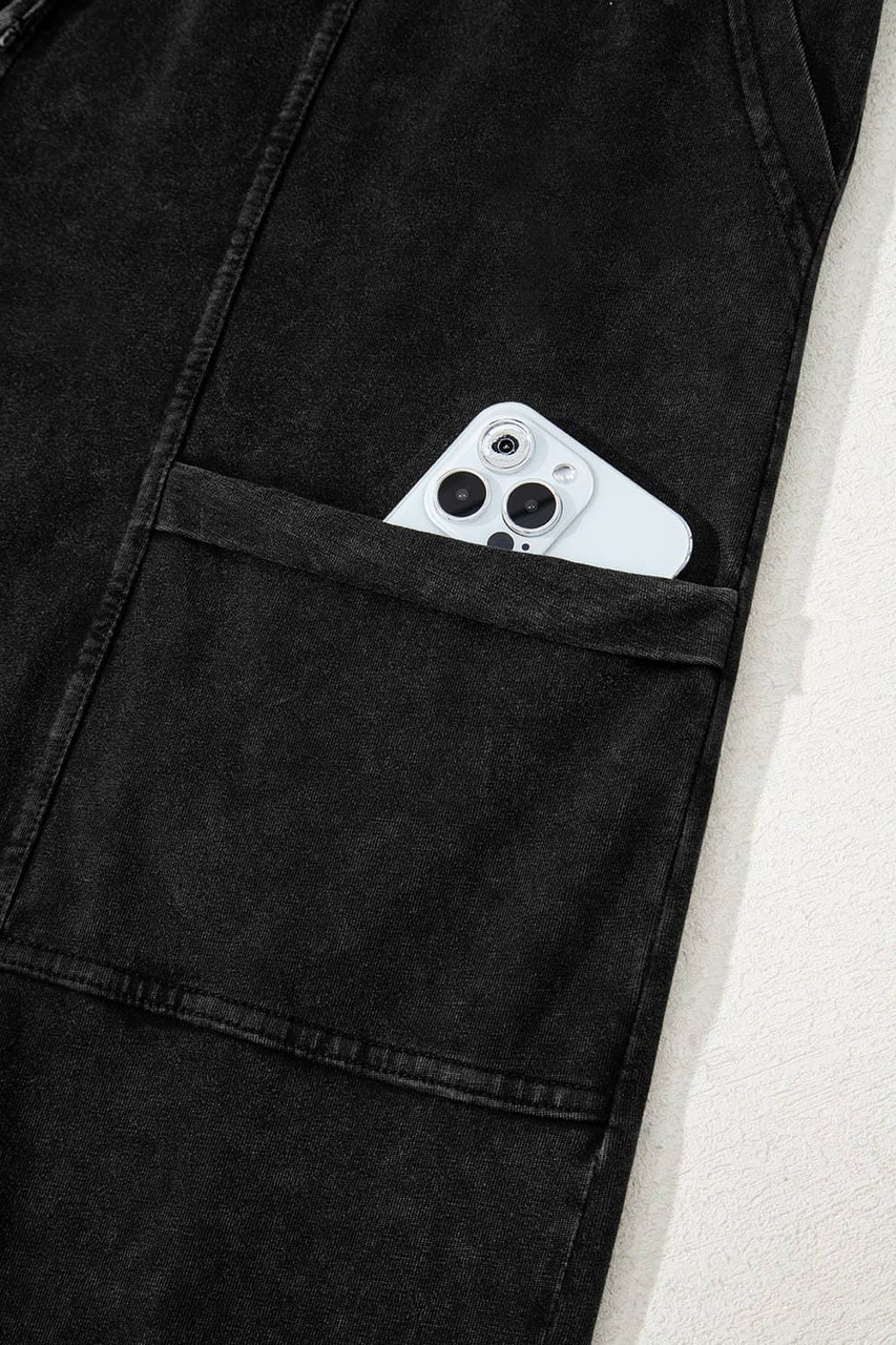 Black Mineral Wash Exposed Seam Drawstring High Waist Wide Leg Cargo Pants Black Mineral Wash Exposed Seam Drawstring High Waist Wide Leg Cargo Pants