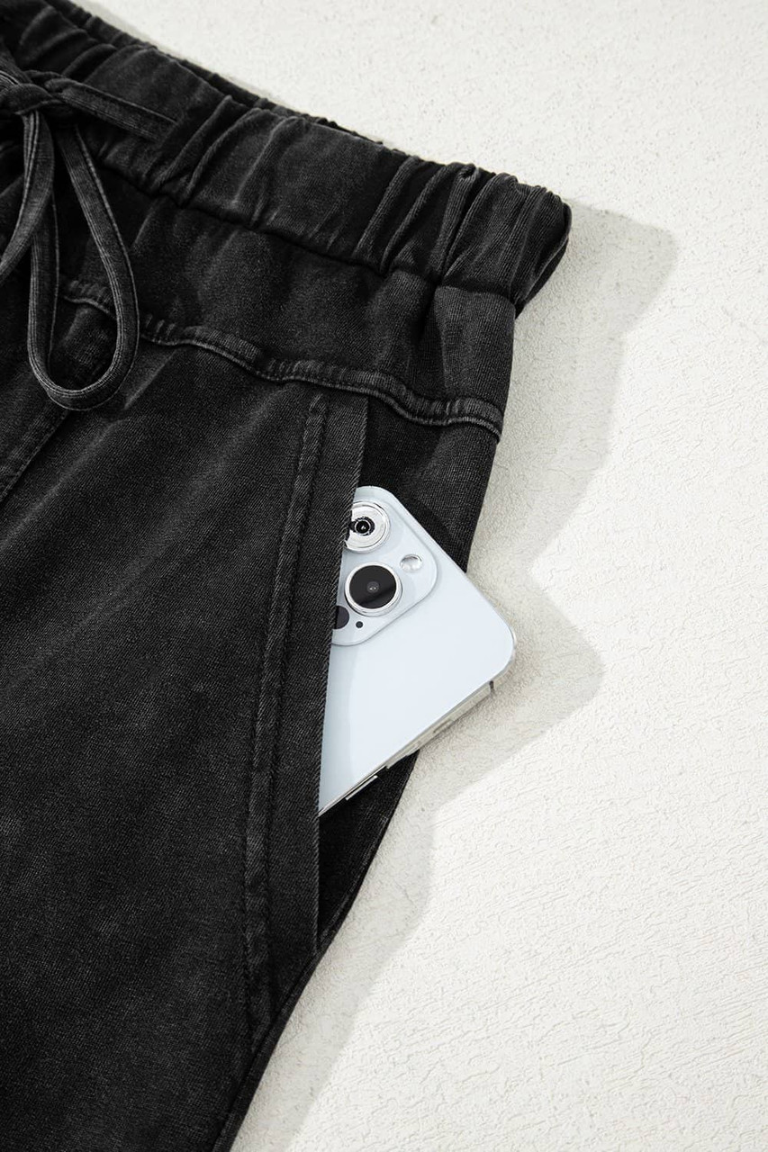 Black Mineral Wash Exposed Seam Drawstring High Waist Wide Leg Cargo Pants Black Mineral Wash Exposed Seam Drawstring High Waist Wide Leg Cargo Pants