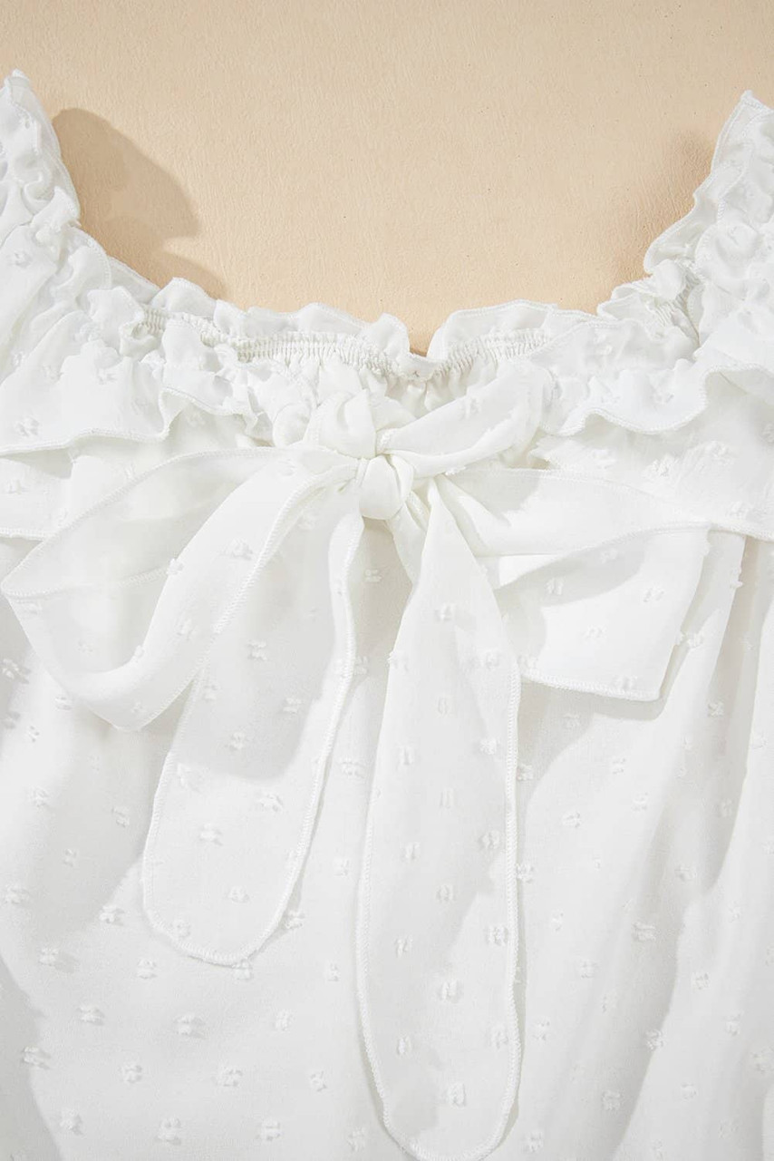 White Off Shoulder Ruffle Knotted Detail Swiss Dot Blouse
