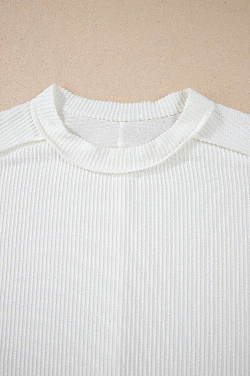 White Textured Knit Exposed Stitching T-shirt