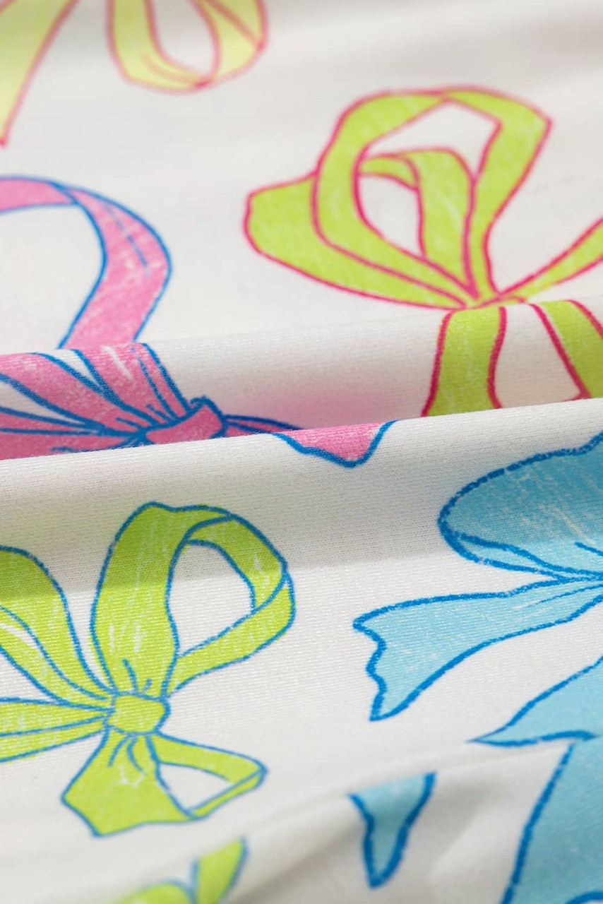 White Cheerful Bow Print Elastic Pull On Casual Shorts