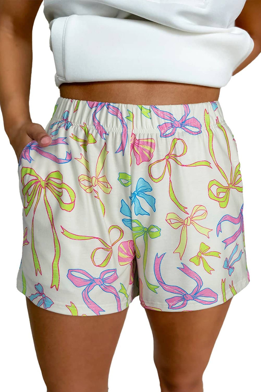 White Cheerful Bow Print Elastic Pull On Casual Shorts
