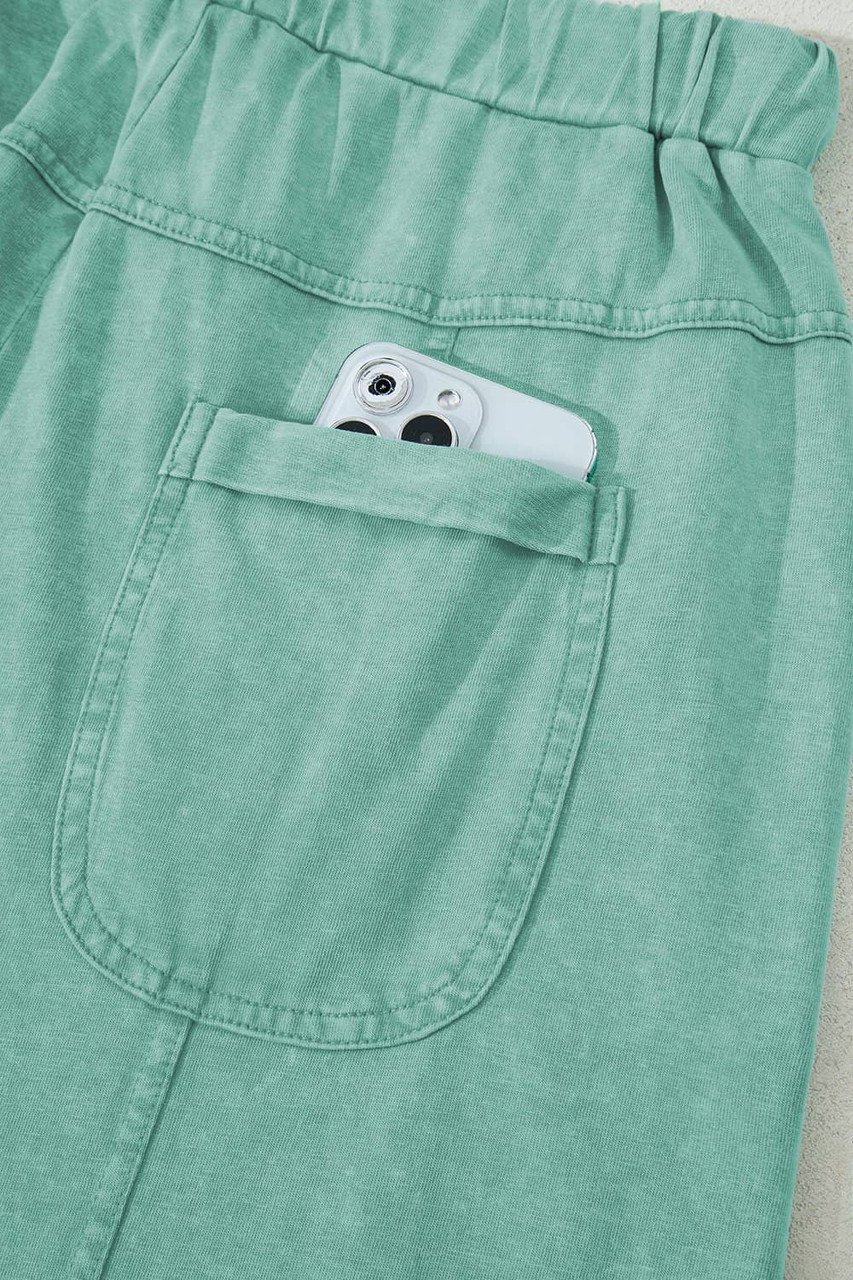 Mint Green Mineral Wash Exposed Seam Drawstring High Waist Wide Leg Cargo Pants