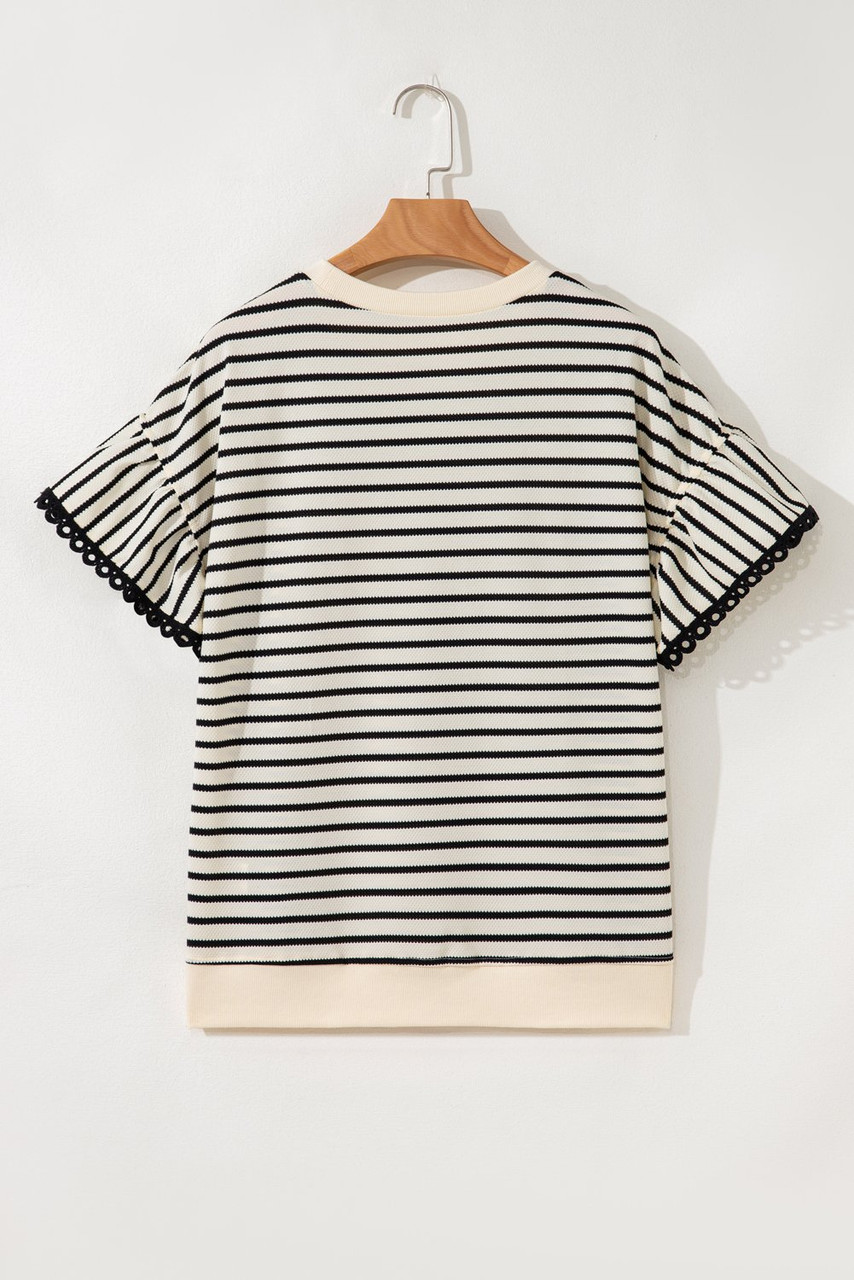 Black Stripe Eyelet Trimmed Ruffled Short Sleeve Plus Size Top