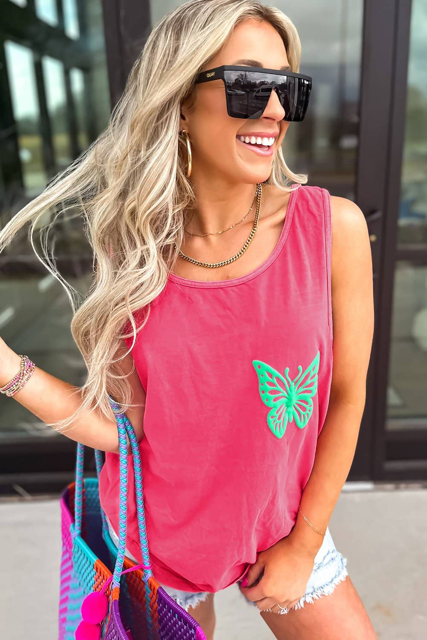 Sachet Pink Butterfly Graphic Casual Tank Top Sachet Pink Butterfly Graphic Casual Tank Top