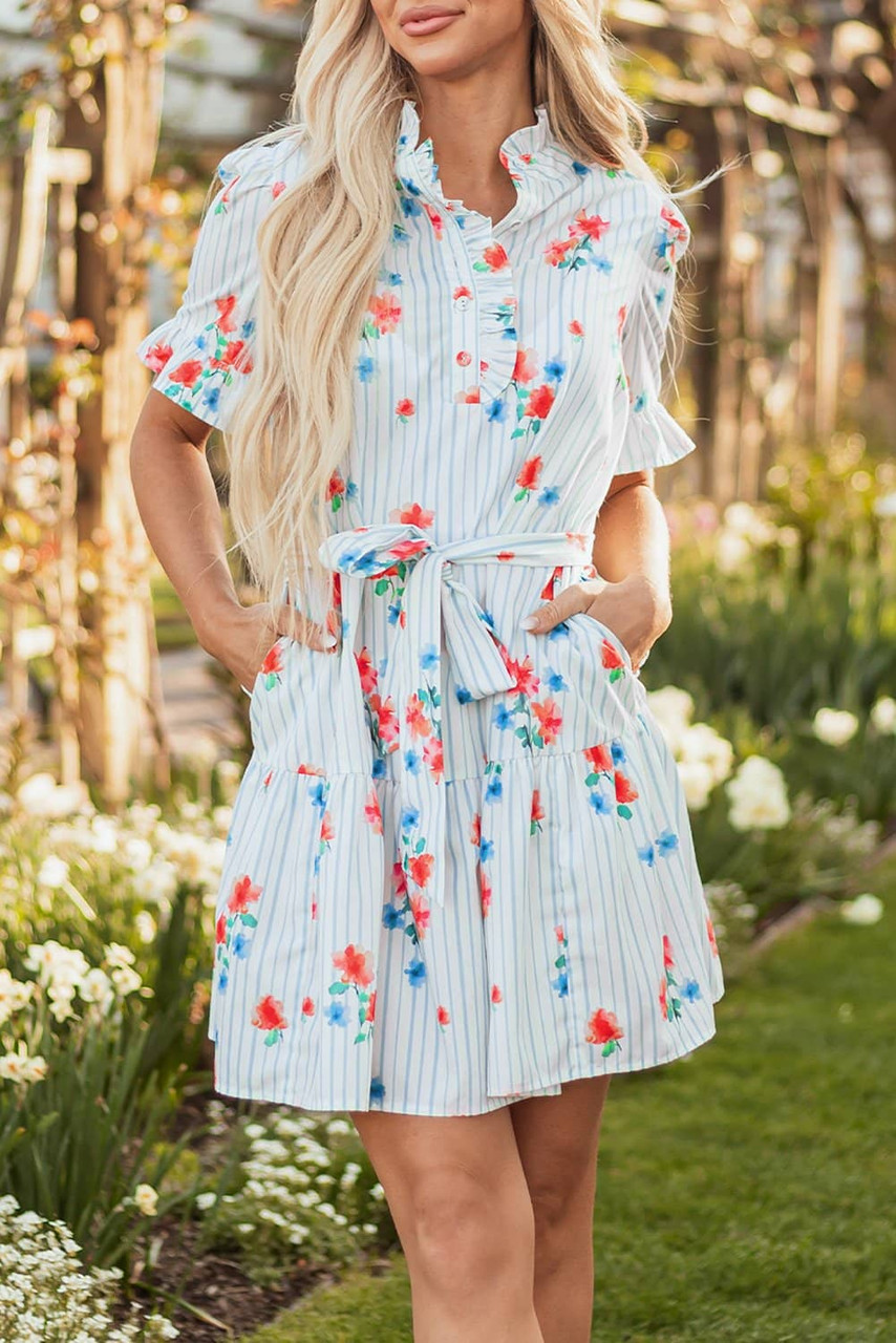 Sky Blue Stripe Floral Pattern Ruffle Short Sleeve Belted Mini Dress