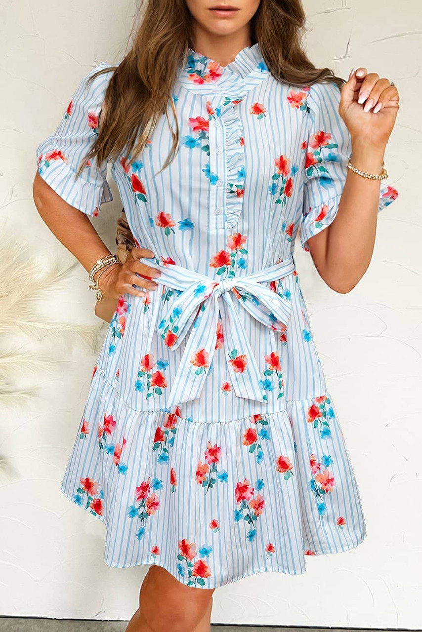 Sky Blue Stripe Floral Pattern Ruffle Short Sleeve Belted Mini Dress