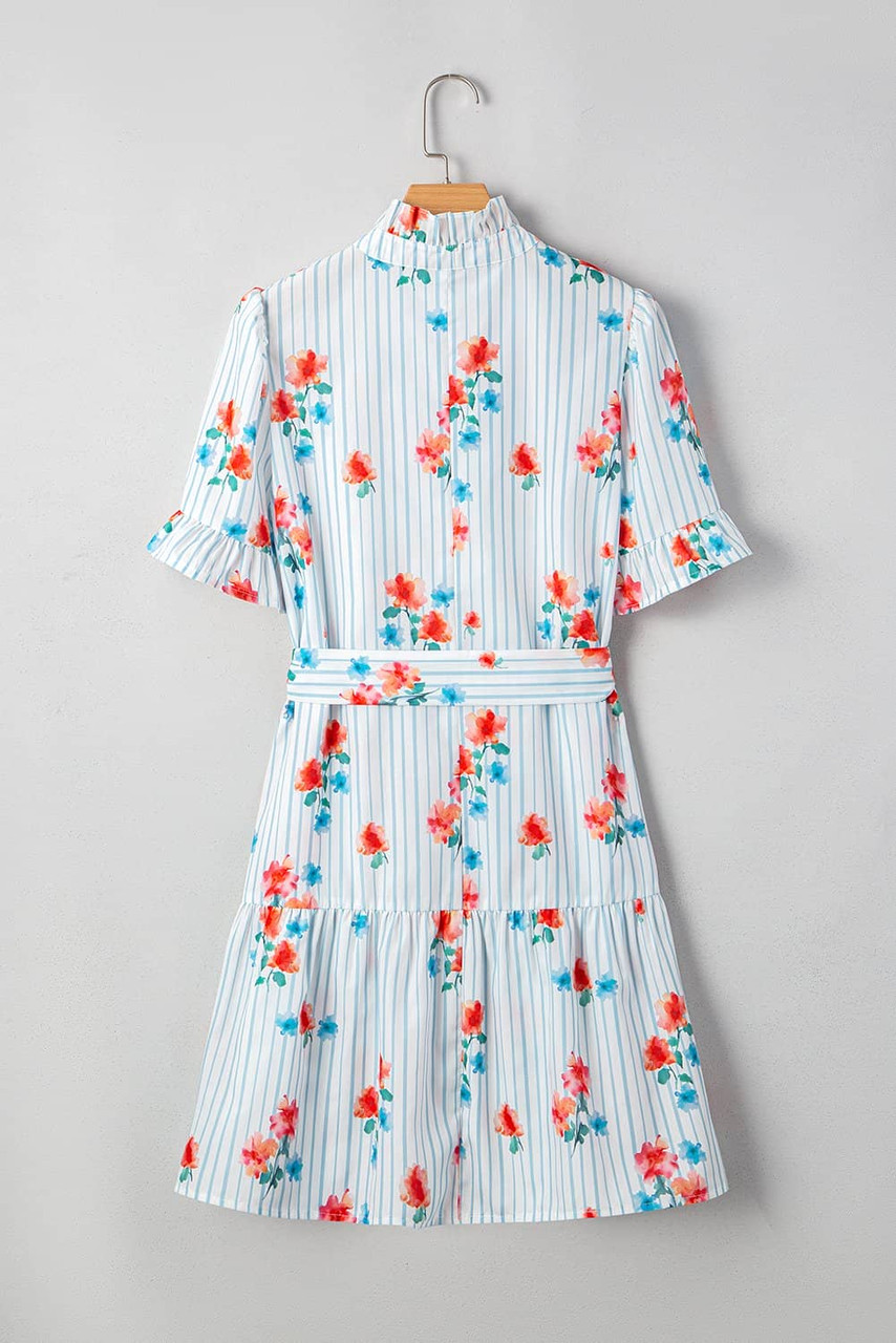 Sky Blue Stripe Floral Pattern Ruffle Short Sleeve Belted Mini Dress