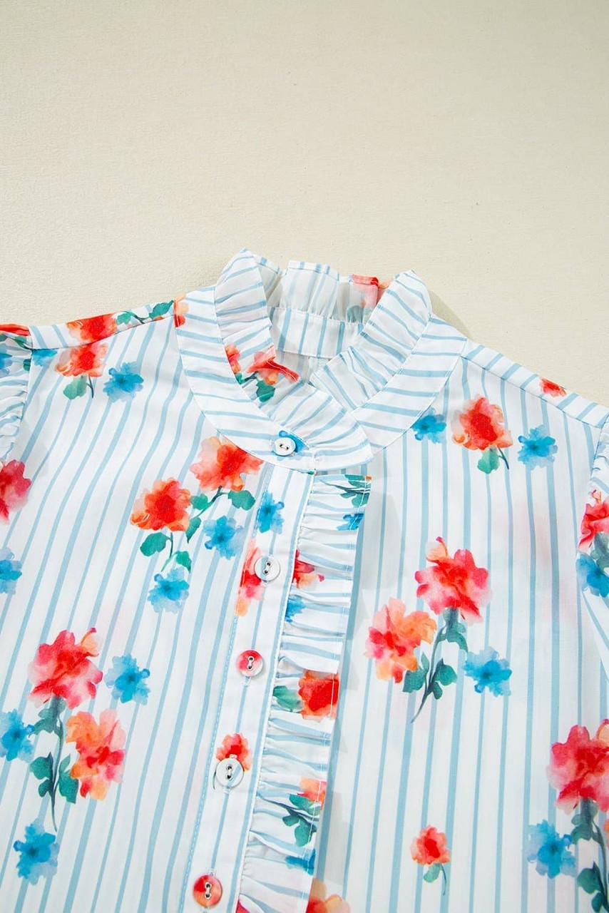 Sky Blue Stripe Floral Pattern Ruffle Short Sleeve Belted Mini Dress