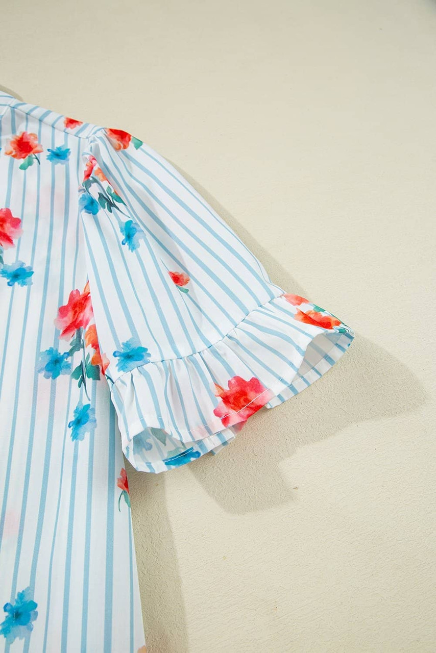 Sky Blue Stripe Floral Pattern Ruffle Short Sleeve Belted Mini Dress