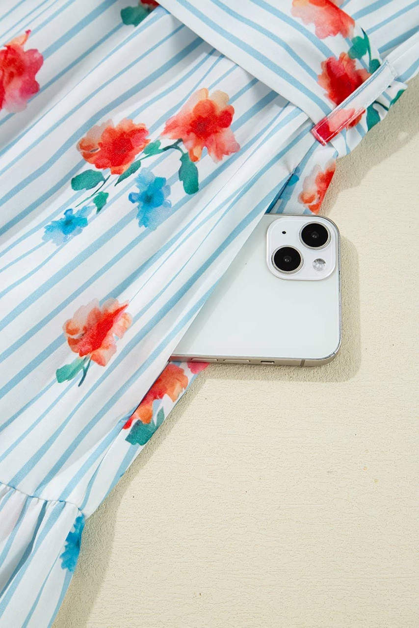 Sky Blue Stripe Floral Pattern Ruffle Short Sleeve Belted Mini Dress