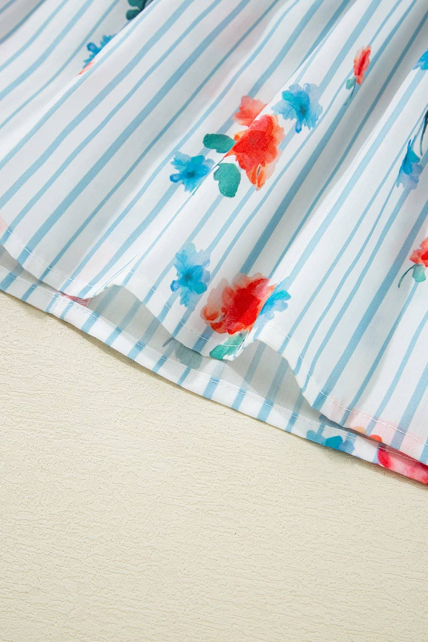 Sky Blue Stripe Floral Pattern Ruffle Short Sleeve Belted Mini Dress