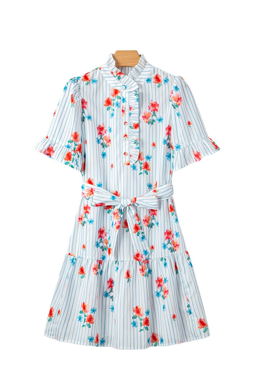 Sky Blue Stripe Floral Pattern Ruffle Short Sleeve Belted Mini Dress