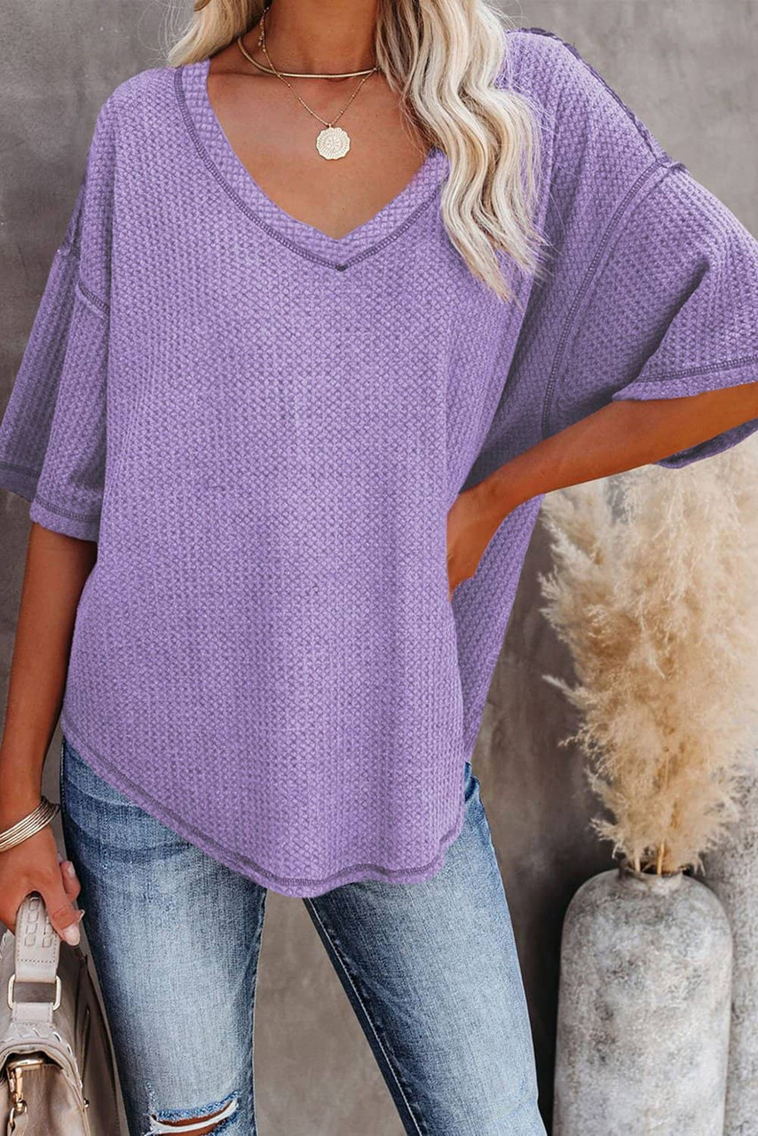 Purple Exposed Seam Half Sleeve Knitted V Neck Textured Top