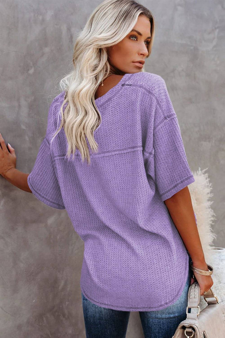 Purple Exposed Seam Half Sleeve Knitted V Neck Textured Top