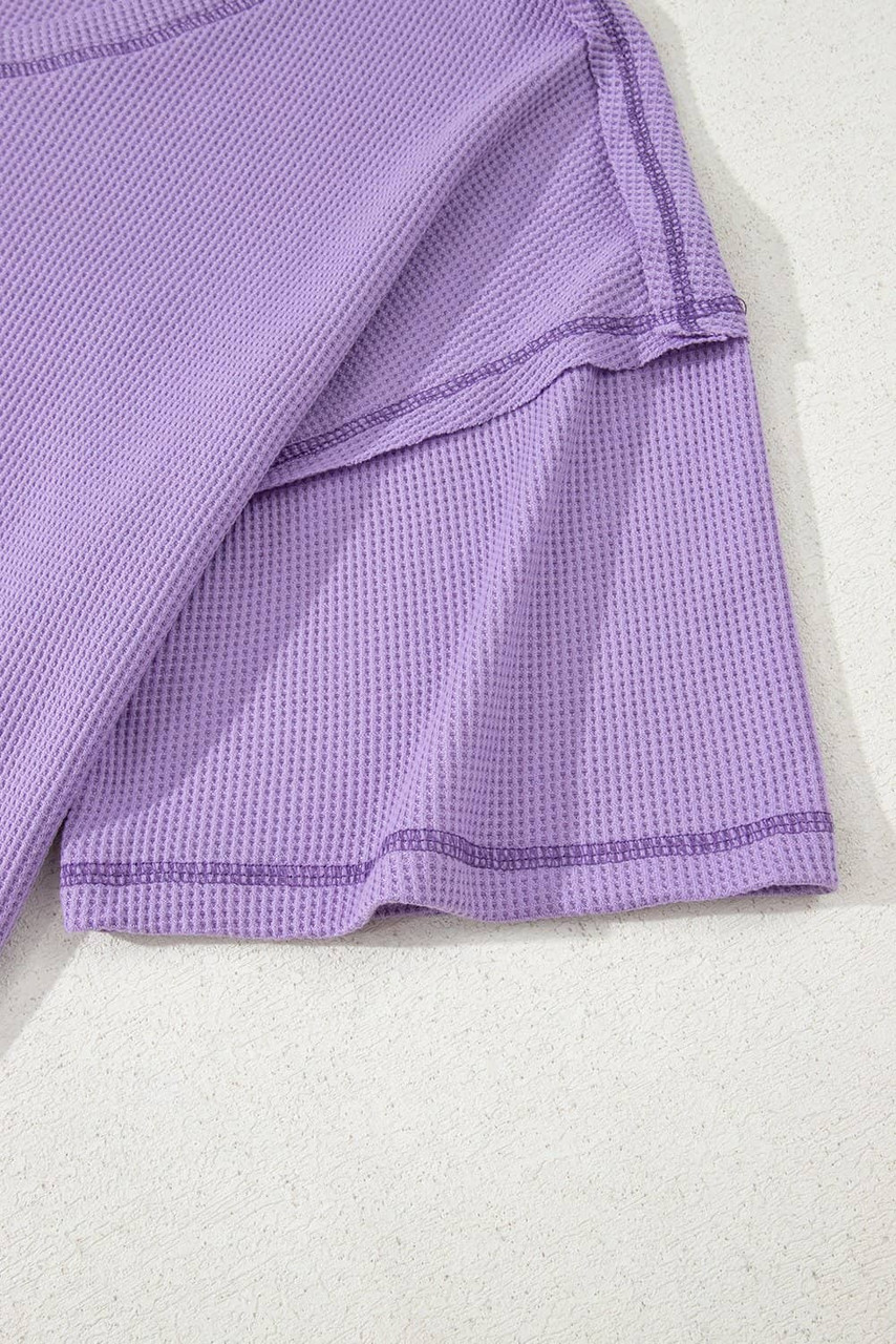 Purple Exposed Seam Half Sleeve Knitted V Neck Textured Top