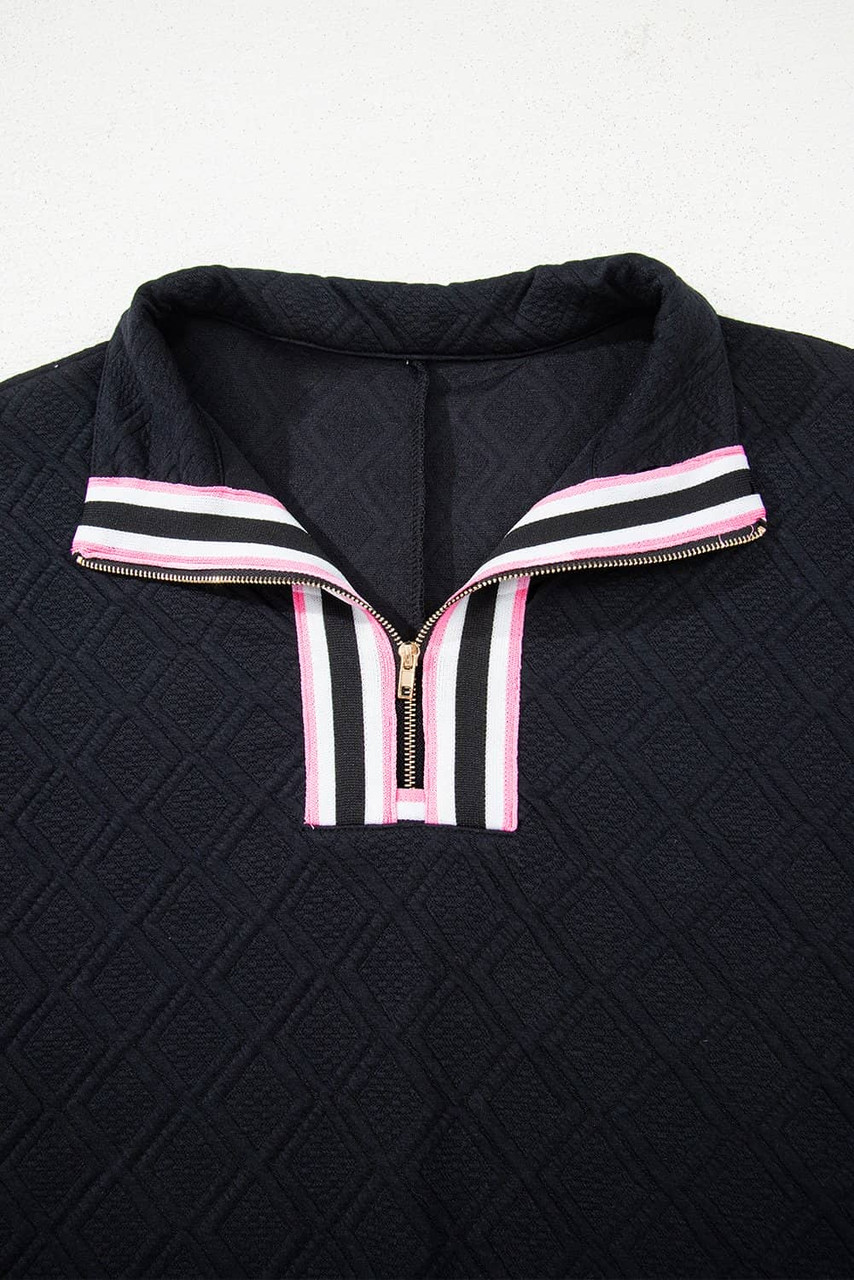 Color black Striped Collared Zip up Textured Skirt Set