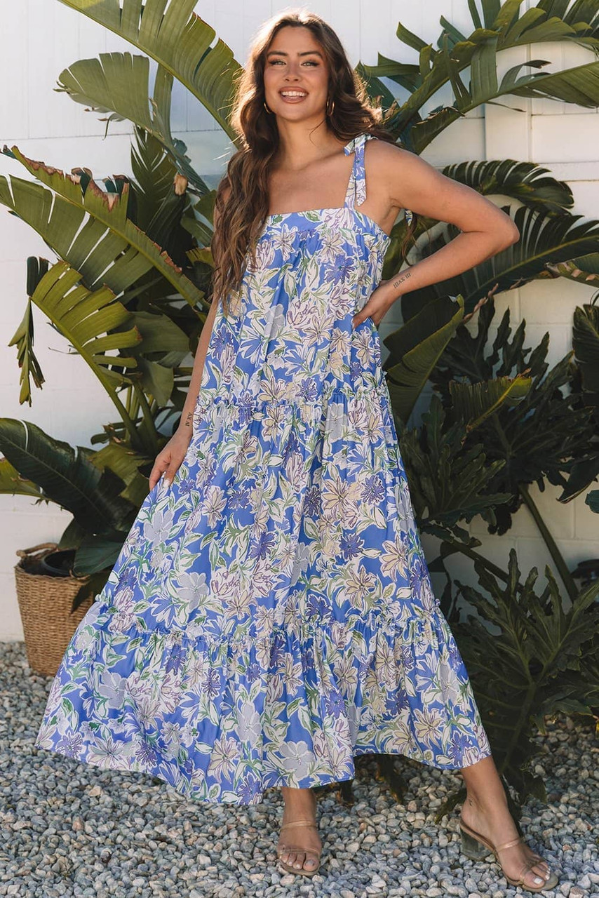 Sky Blue Floral Print Self-tie Straps Flowy Ruffle Long Dress Sky Blue Floral Print Self-tie Straps Flowy Ruffle Long Dress