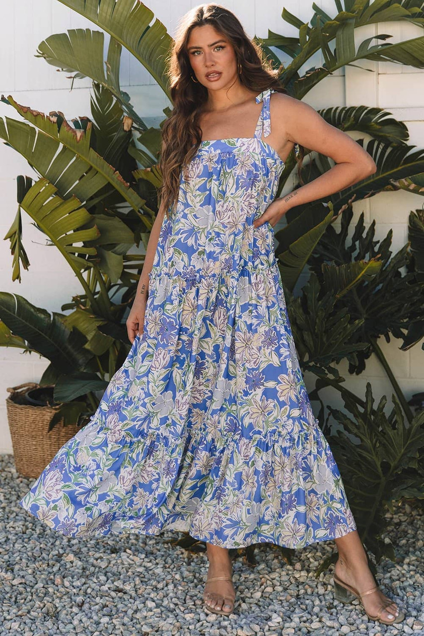 Sky Blue Floral Print Self-tie Straps Flowy Ruffle Long Dress Sky Blue Floral Print Self-tie Straps Flowy Ruffle Long Dress