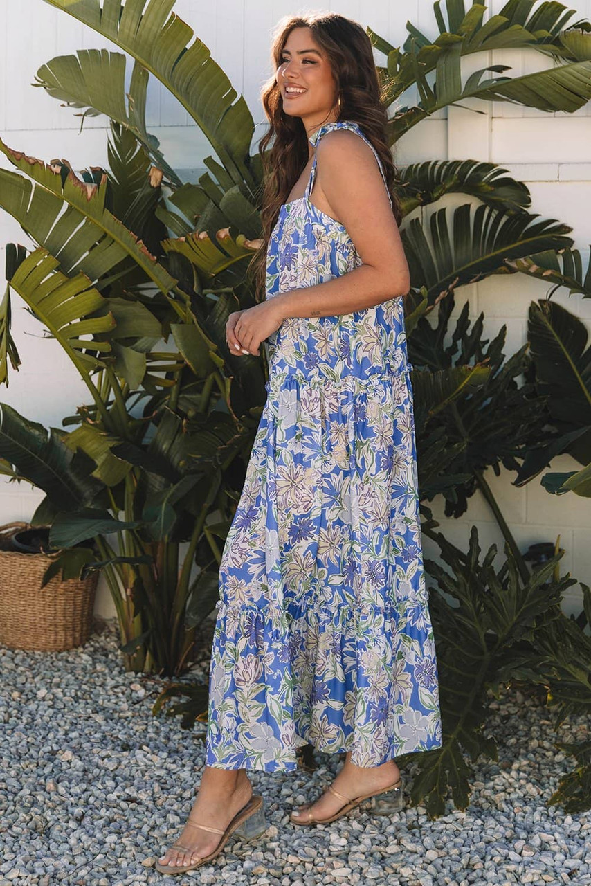 Sky Blue Floral Print Self-tie Straps Flowy Ruffle Long Dress Sky Blue Floral Print Self-tie Straps Flowy Ruffle Long Dress