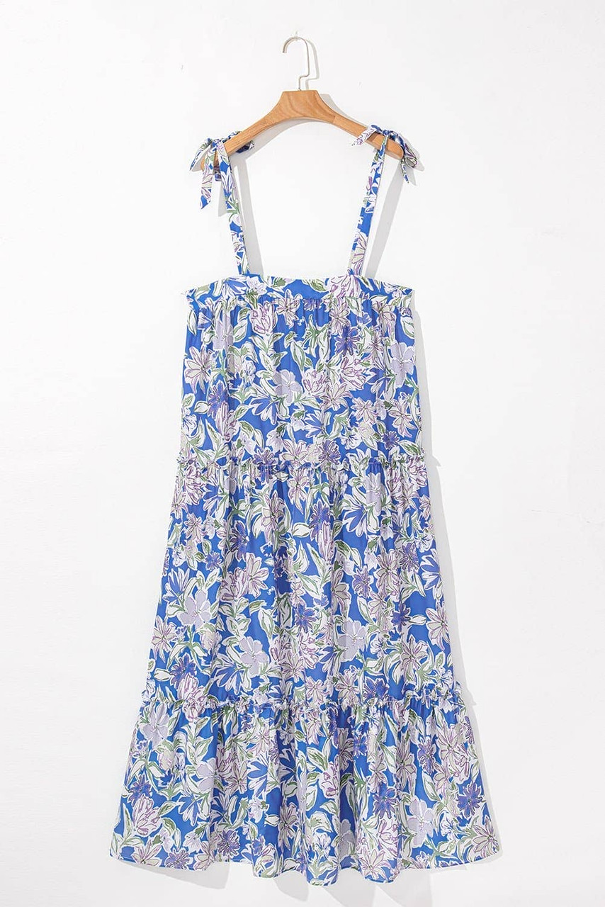 Sky Blue Floral Print Self-tie Straps Flowy Ruffle Long Dress Sky Blue Floral Print Self-tie Straps Flowy Ruffle Long Dress