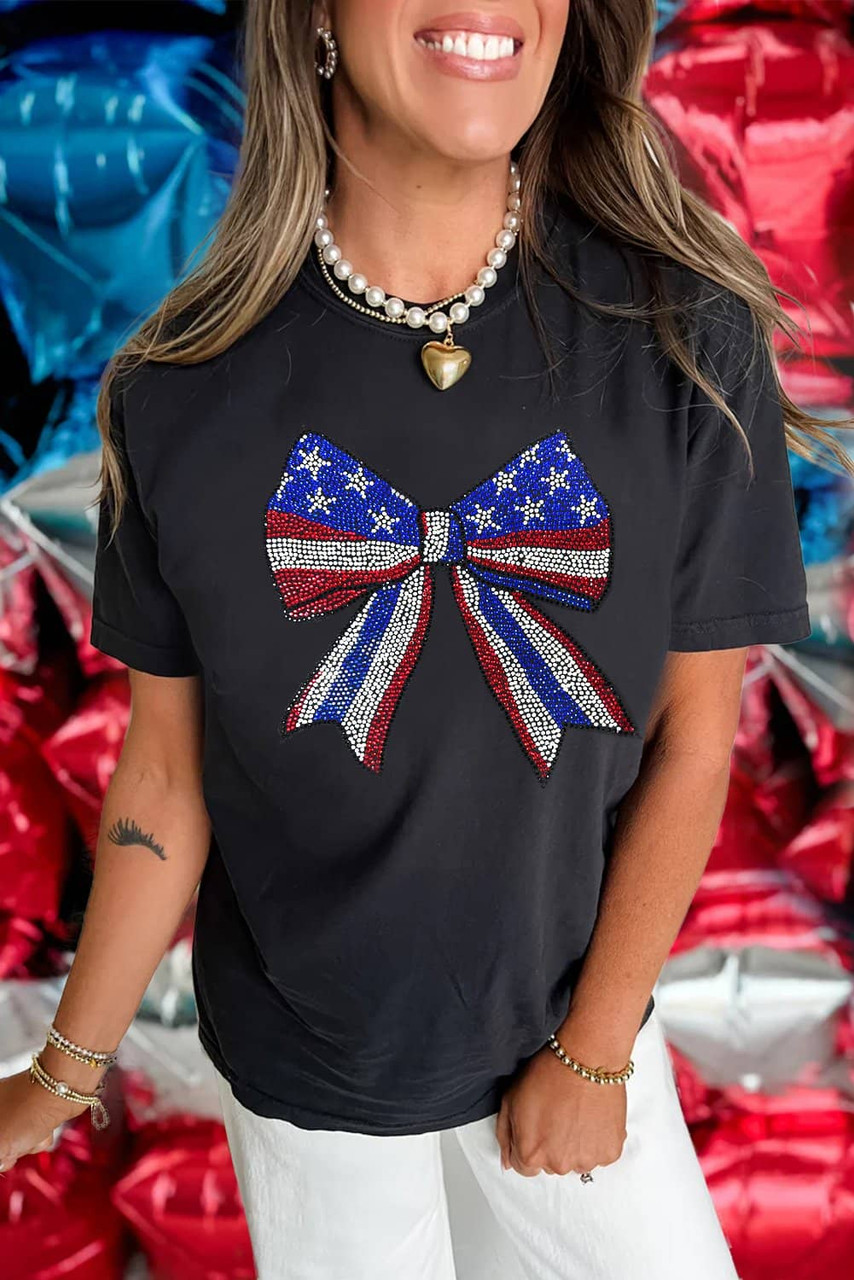 Black Rhinestone Stars and Stripes Bow Graphic Independence Day T Shirt Black Rhinestone Stars and Stripes Bow Graphic Independence Day T Shirt